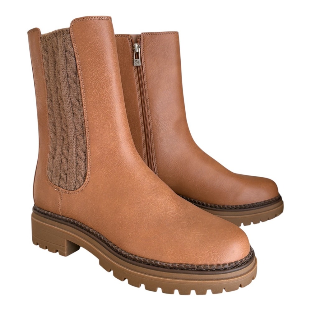 Sam & Libby Womens Tan Lug Sole Mid-Calf Boots with Cable Knit Detail Size 10